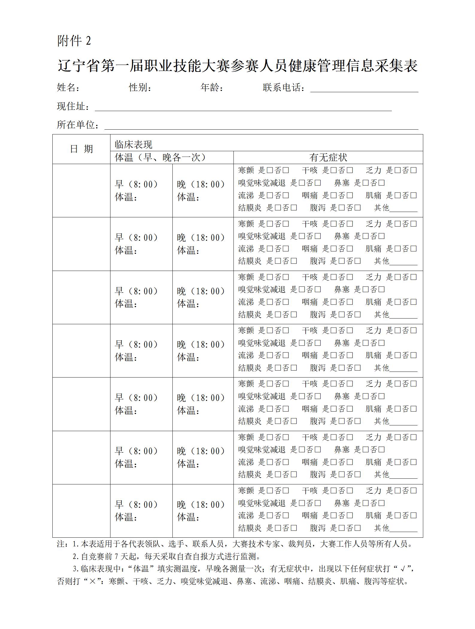 《辽宁省第一届职业技能大赛参赛人员健康管理信息采集表》